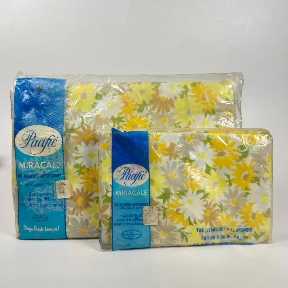 NEW Vintage Pacific Miracale Twin Flat Sheet & 2 Pillowcases Retro Groovy Daisy